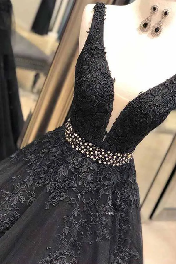 A-line V Neck Open Back Black Lace Long Prom Dresses with Beading PG713