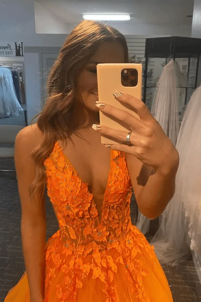 A-Line V-Neck Orange Tulle Lace Appliques Evening Dresses Prom Dresses PSK350