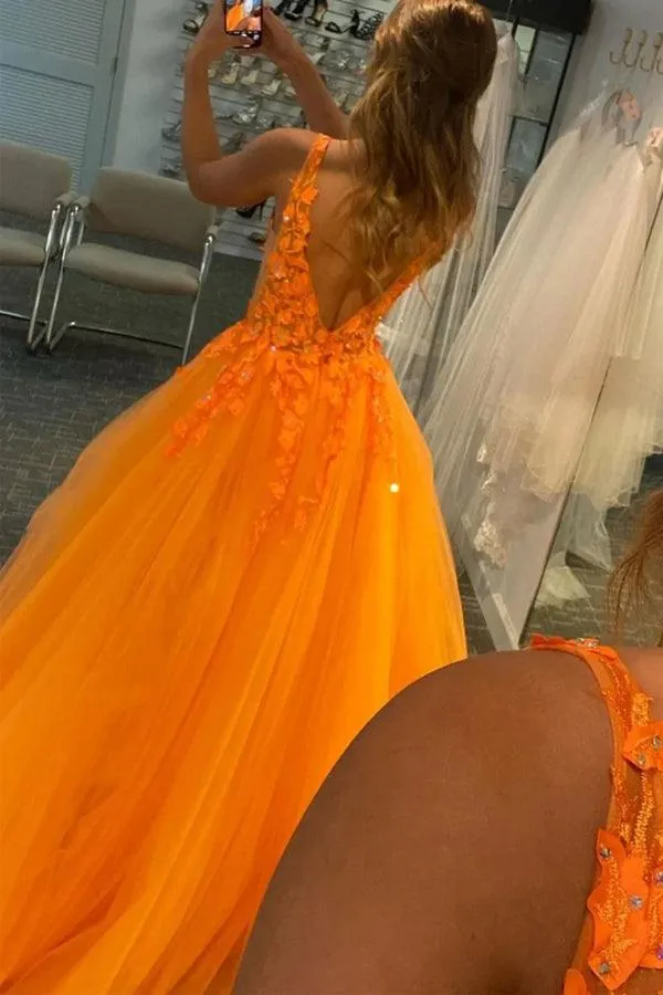 A-Line V-Neck Orange Tulle Lace Appliques Evening Dresses Prom Dresses PSK350