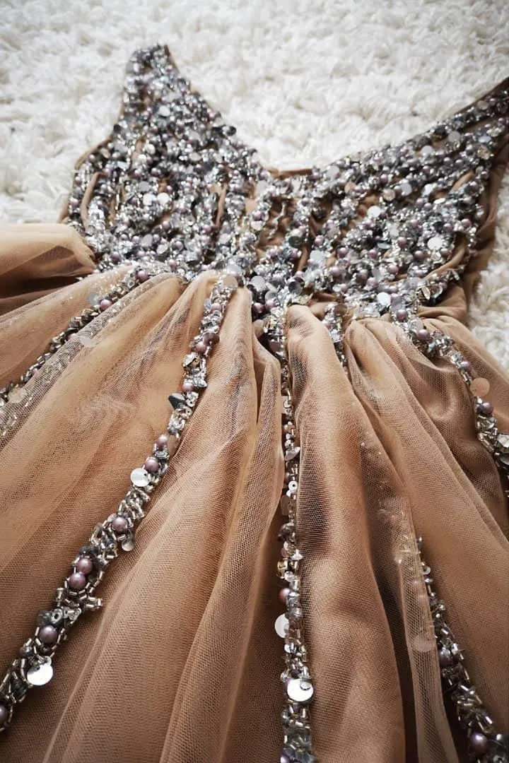 A-line V Neck Peach Homecoming Dress Party Dress with Pearls HD0117