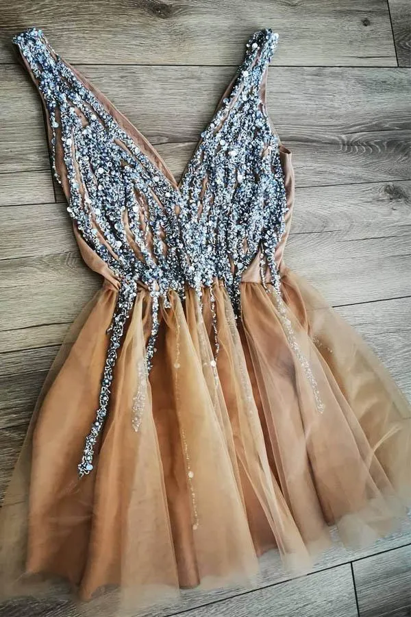 A-line V Neck Peach Homecoming Dress Party Dress with Pearls HD0117