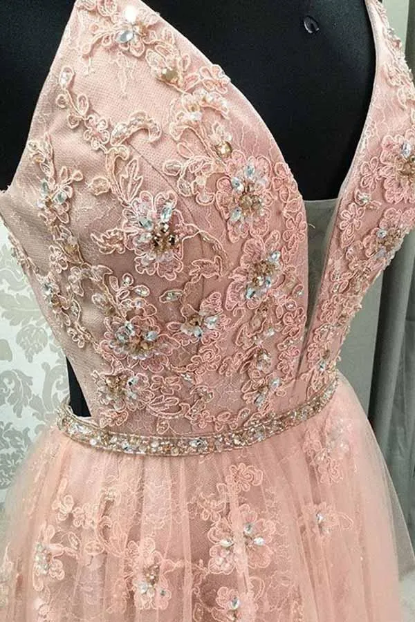 A-line V Neck Spaghetti Straps Open Back Blush Lace Long Prom Dresses PG720