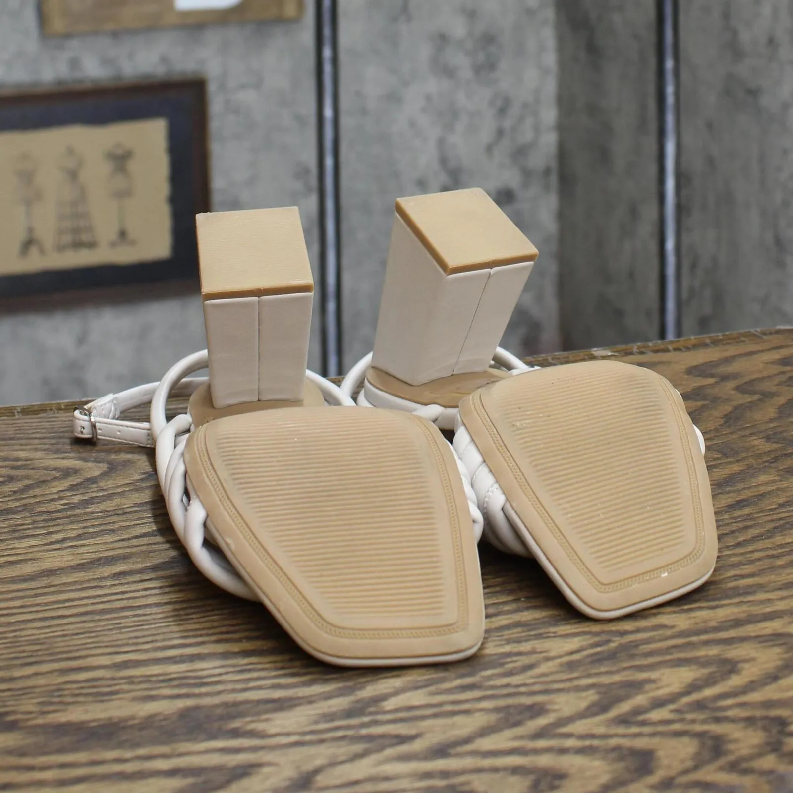 A New Day Womens Strappy Block Geometric Heels` Cream Off White 8M