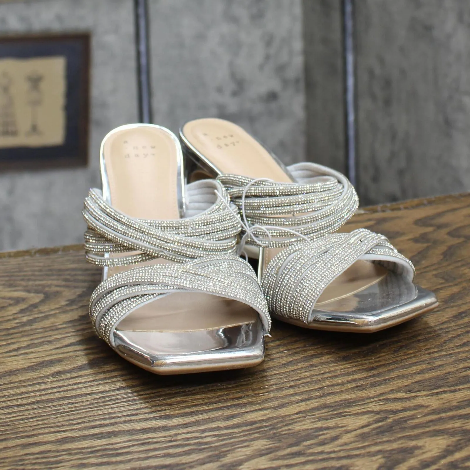A New Day Womens Strappy Rhinestone Block Heels 167b4c78631b5f Silver Gray 6M