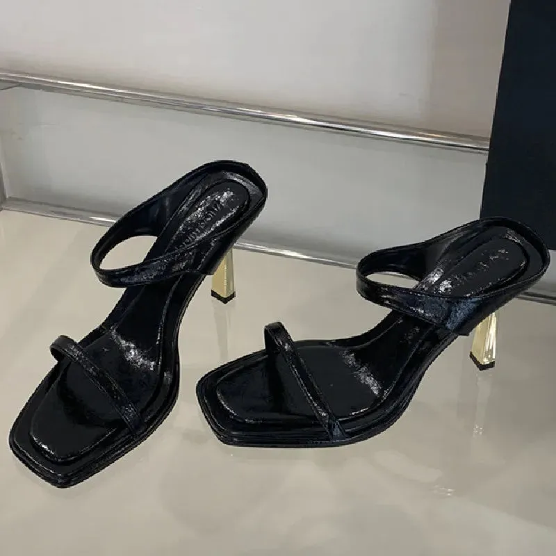 ADVBRIDGE  -  High Quality Soft Leather Slide Sandals Women Sexy Square Toe Peep Toe Thin High Heels Comfortable Elegant Women's Slippers