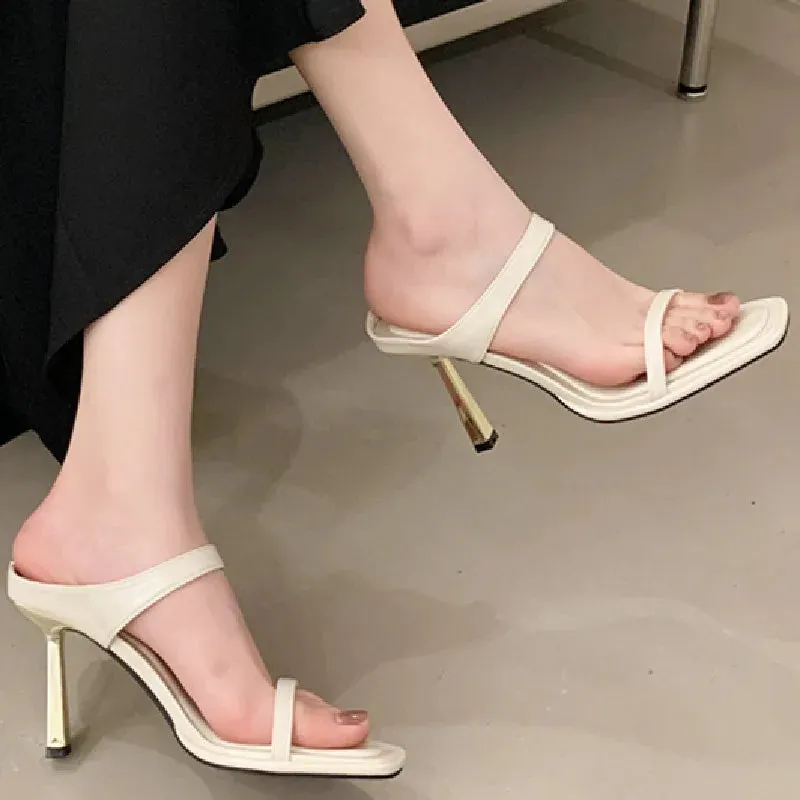 ADVBRIDGE  -  High Quality Soft Leather Slide Sandals Women Sexy Square Toe Peep Toe Thin High Heels Comfortable Elegant Women's Slippers