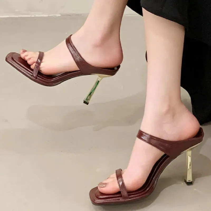 ADVBRIDGE  -  High Quality Soft Leather Slide Sandals Women Sexy Square Toe Peep Toe Thin High Heels Comfortable Elegant Women's Slippers