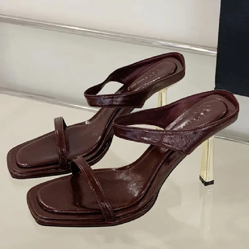 ADVBRIDGE  -  High Quality Soft Leather Slide Sandals Women Sexy Square Toe Peep Toe Thin High Heels Comfortable Elegant Women's Slippers