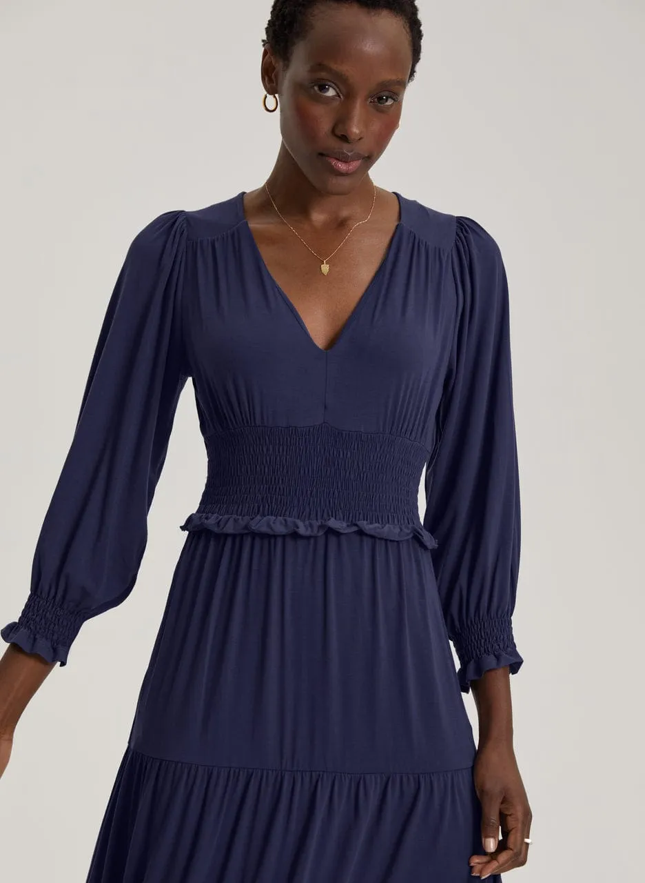 Airin Smocked Waist LENZING™ ECOVERO™ Jersey Midi Dress | Midnight Blue