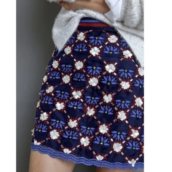 Anthropologie Maeve Women's Skirt Mayfair Beaded Mini Floral Blue Red Size 6