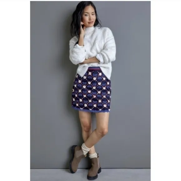 Anthropologie Maeve Women's Skirt Mayfair Beaded Mini Floral Blue Red Size 6