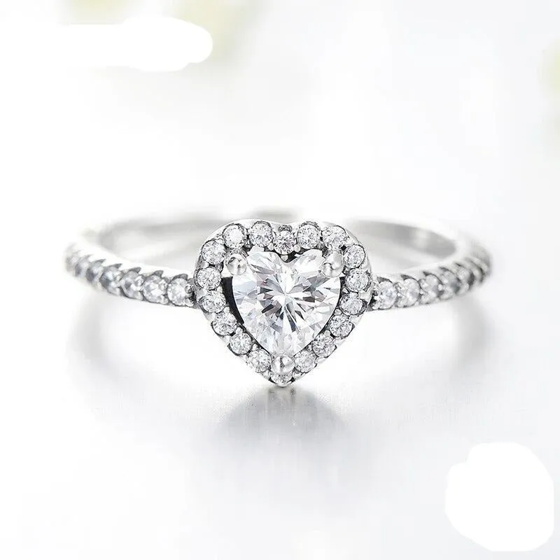 Antique Silver Heart Zircon Ring 925 Sterling Women's Jewelry
