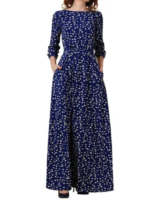Autumn Women's Vintage Print Long Sleeve Skirt Elegant Ladies Long Dress