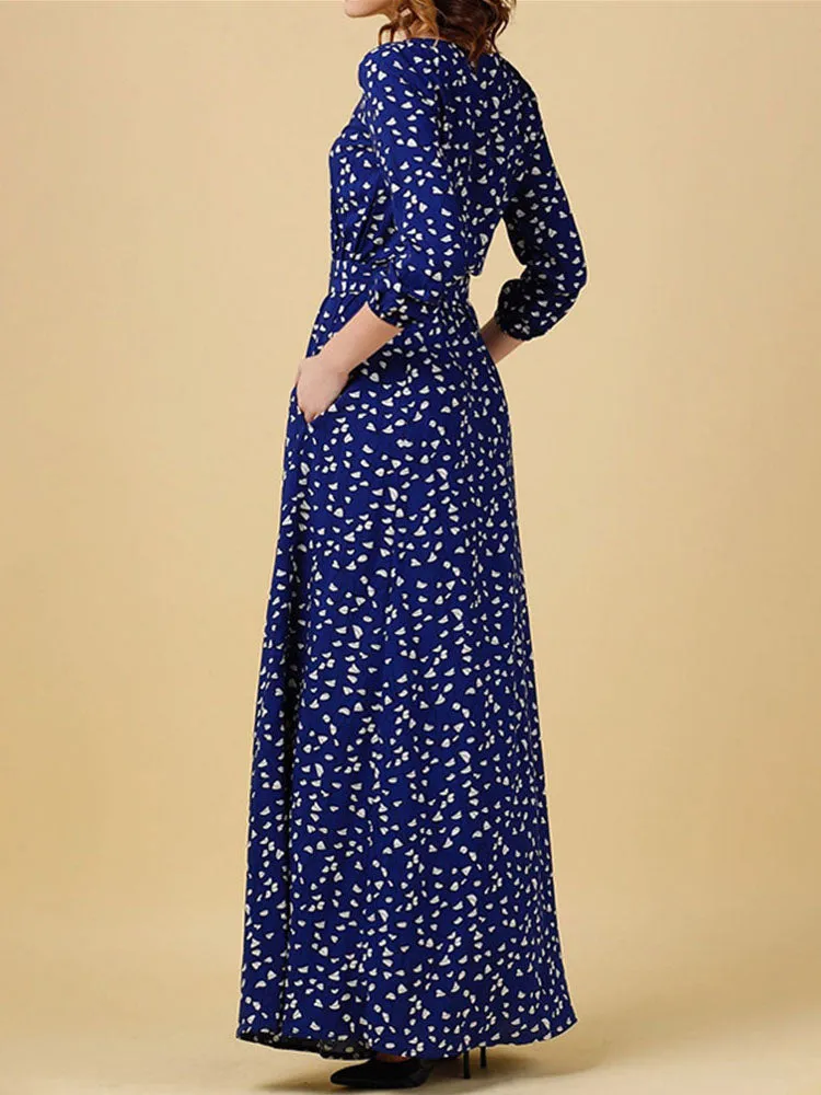 Autumn Women's Vintage Print Long Sleeve Skirt Elegant Ladies Long Dress