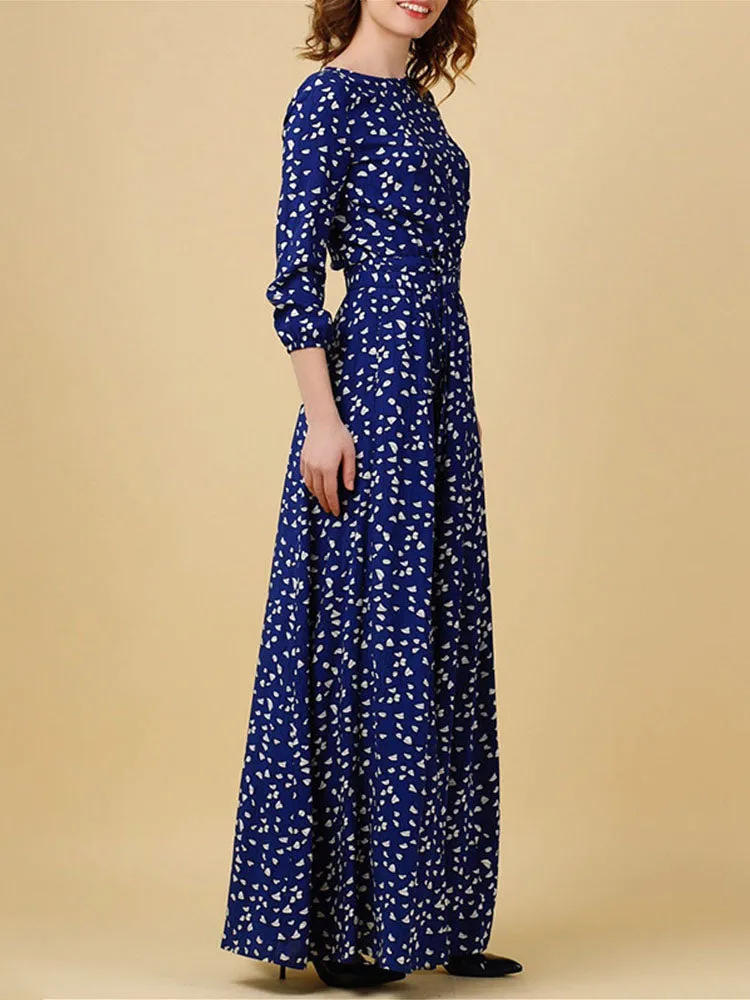 Autumn Women's Vintage Print Long Sleeve Skirt Elegant Ladies Long Dress