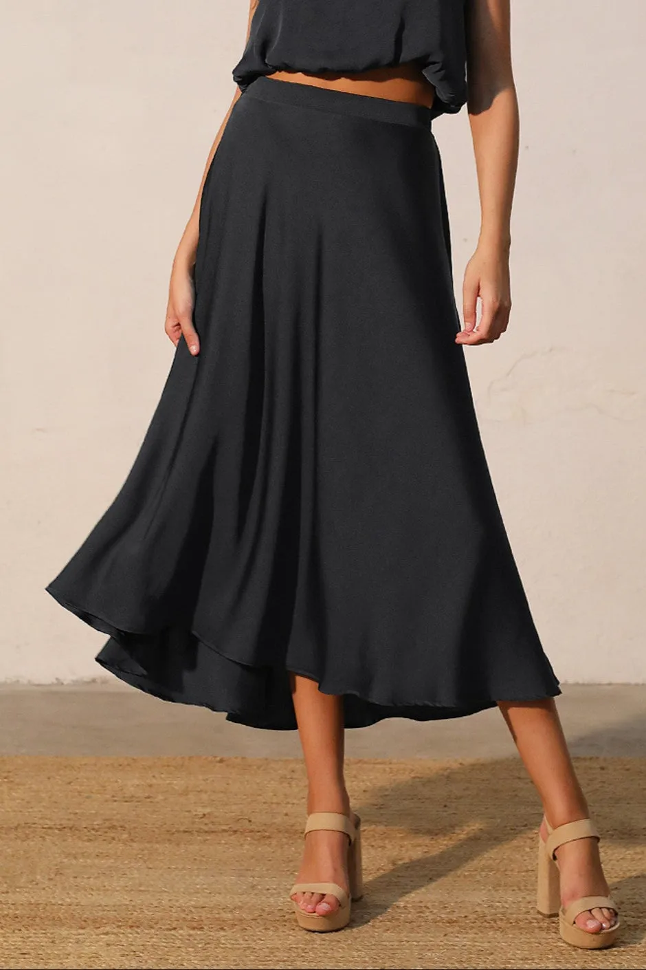 Back In Time Poly Silk Midi Swing Skirt