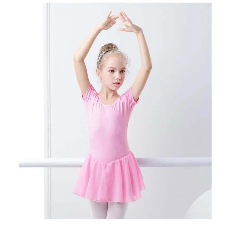 Ballet Dress Gymnastics Leotards for Girls: Short Sleeve Chiffon Skirted Leotards with Bowknot Detail