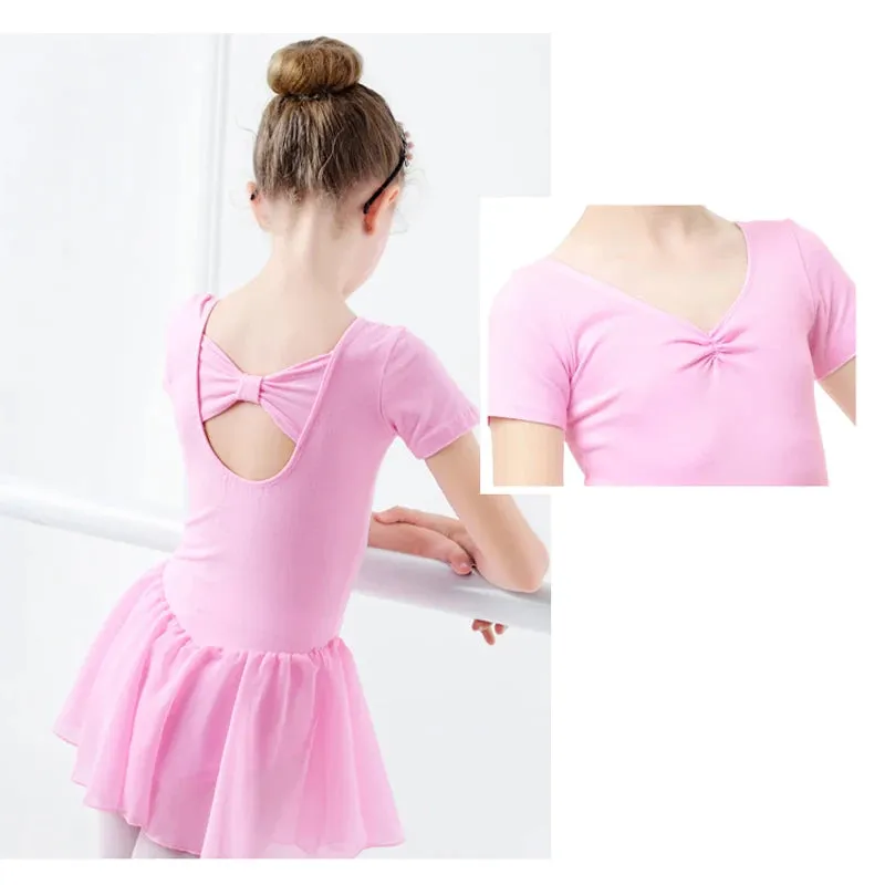 Ballet Dress Gymnastics Leotards for Girls: Short Sleeve Chiffon Skirted Leotards with Bowknot Detail