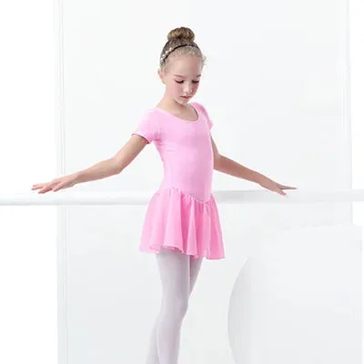 Ballet Dress Gymnastics Leotards for Girls: Short Sleeve Chiffon Skirted Leotards with Bowknot Detail
