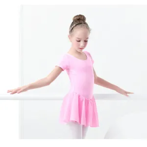 Ballet Dress Gymnastics Leotards for Girls: Short Sleeve Chiffon Skirted Leotards with Bowknot Detail