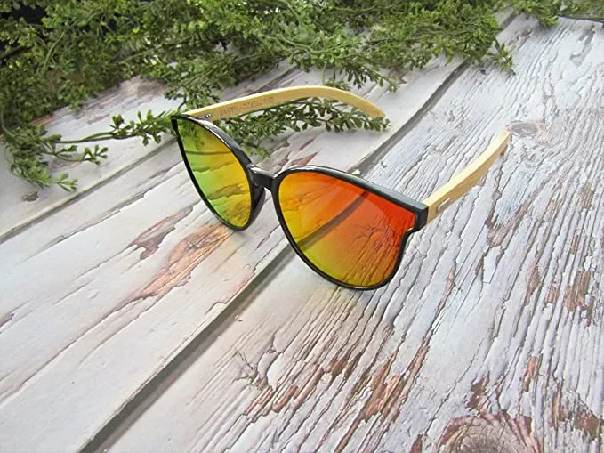 Bamboo Wood Sunglasses for Men and Women, Flat Rimmed Retro Wooden Sunglasses, Red