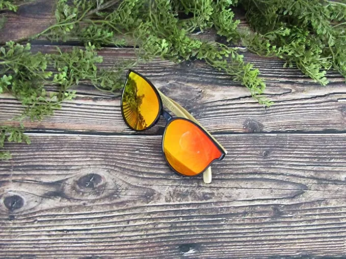 Bamboo Wood Sunglasses for Men and Women, Flat Rimmed Retro Wooden Sunglasses, Red