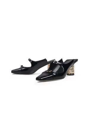 Bar-Accent Golden Mid Heel Leather Mules Loafer  - Beige