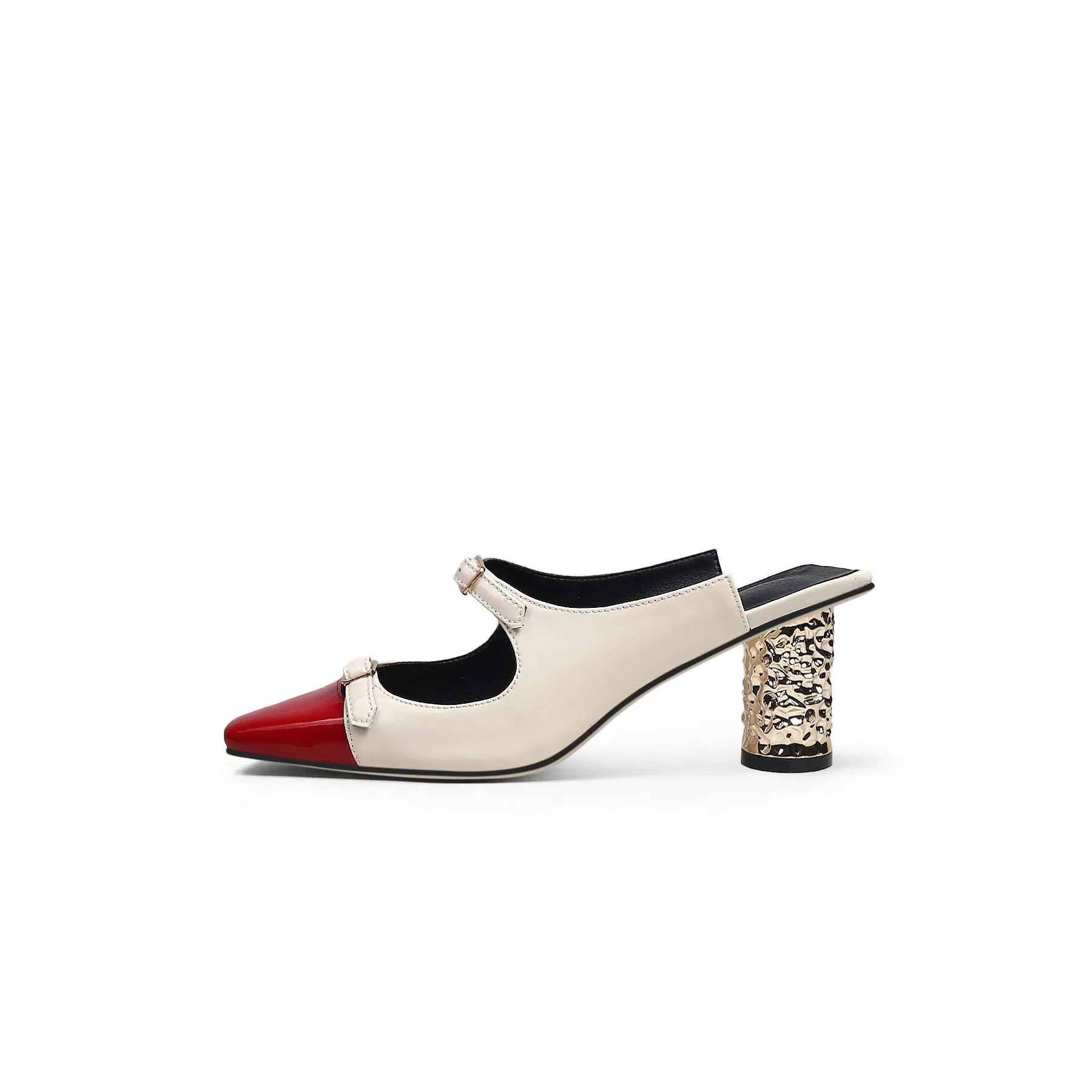 Bar-Accent Golden Mid Heel Leather Mules Loafer  - Beige