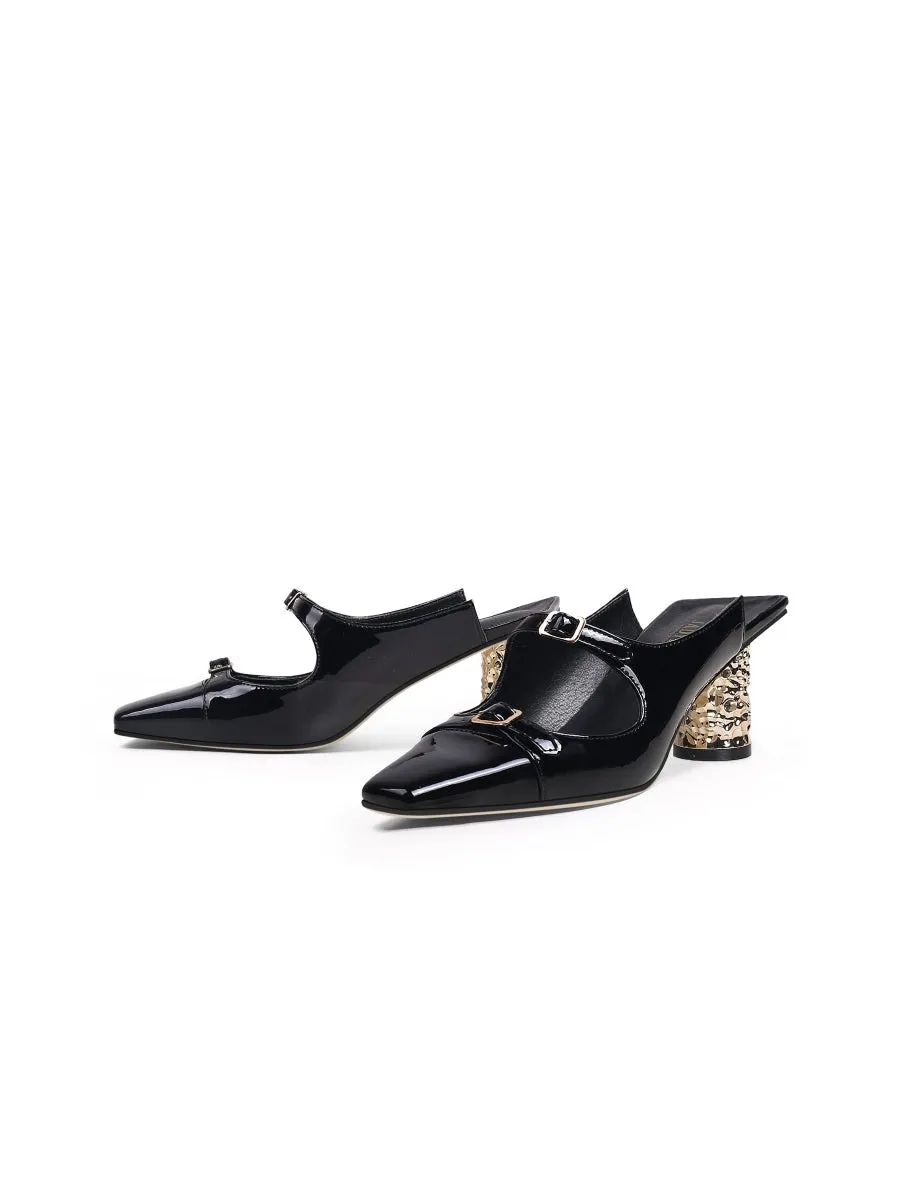Bar-Accent Golden Mid Heel Leather Mules Loafer  - Beige