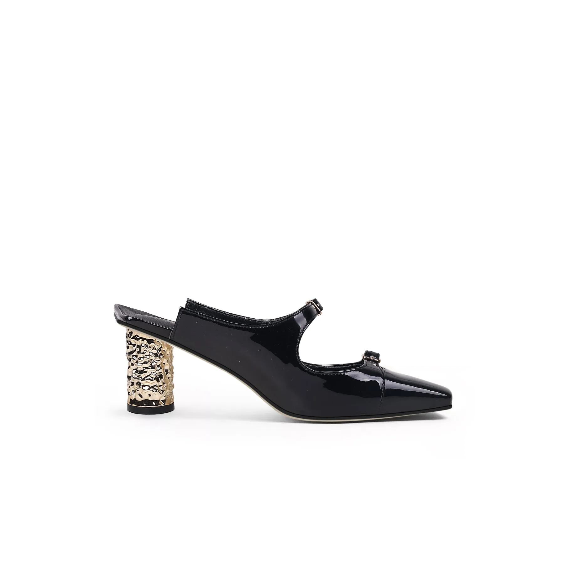 Bar-Accent Golden Mid Heel Leather Mules Loafer  - Beige