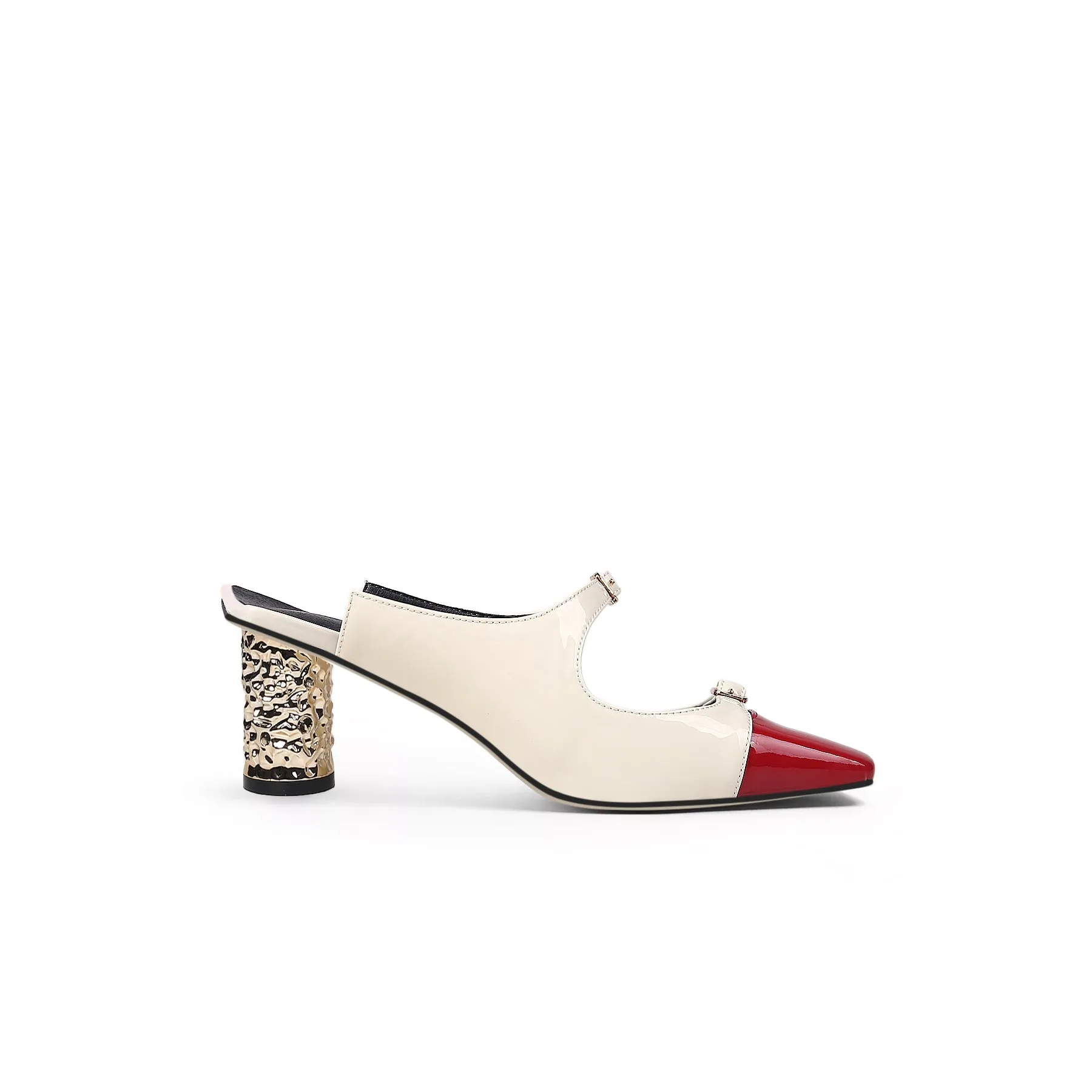 Bar-Accent Golden Mid Heel Leather Mules Loafer  - Beige