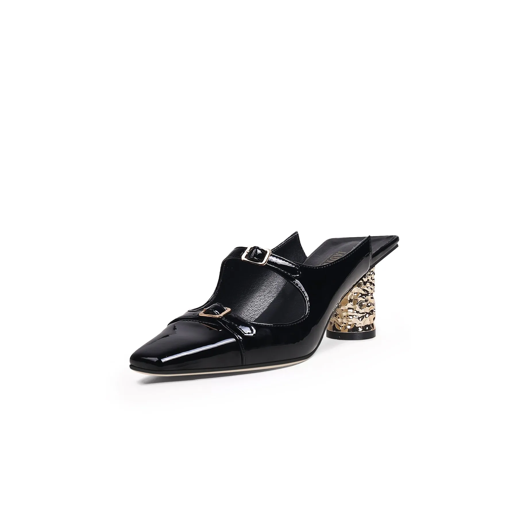 Bar-Accent Golden Mid Heel Leather Mules Loafer  - Beige