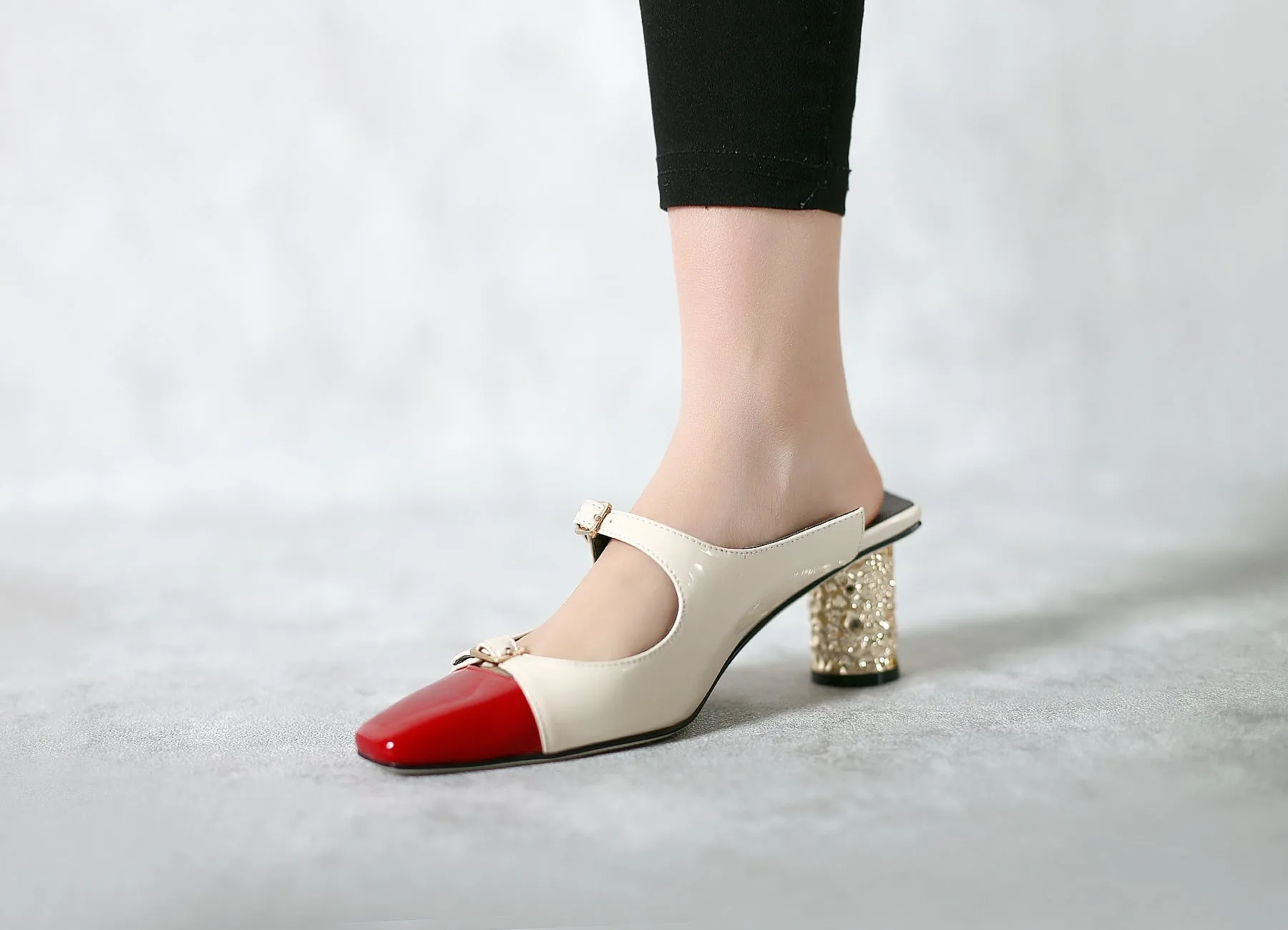 Bar-Accent Golden Mid Heel Leather Mules Loafer  - Beige