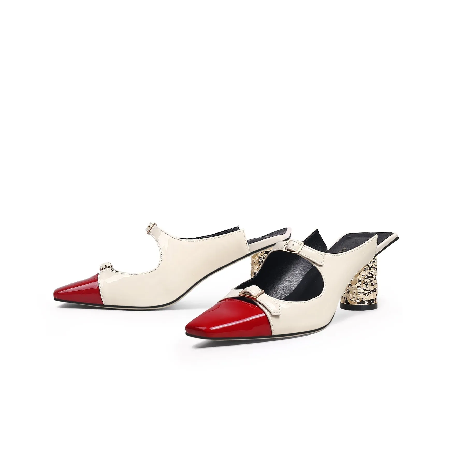 Bar-Accent Golden Mid Heel Leather Mules Loafer  - Beige