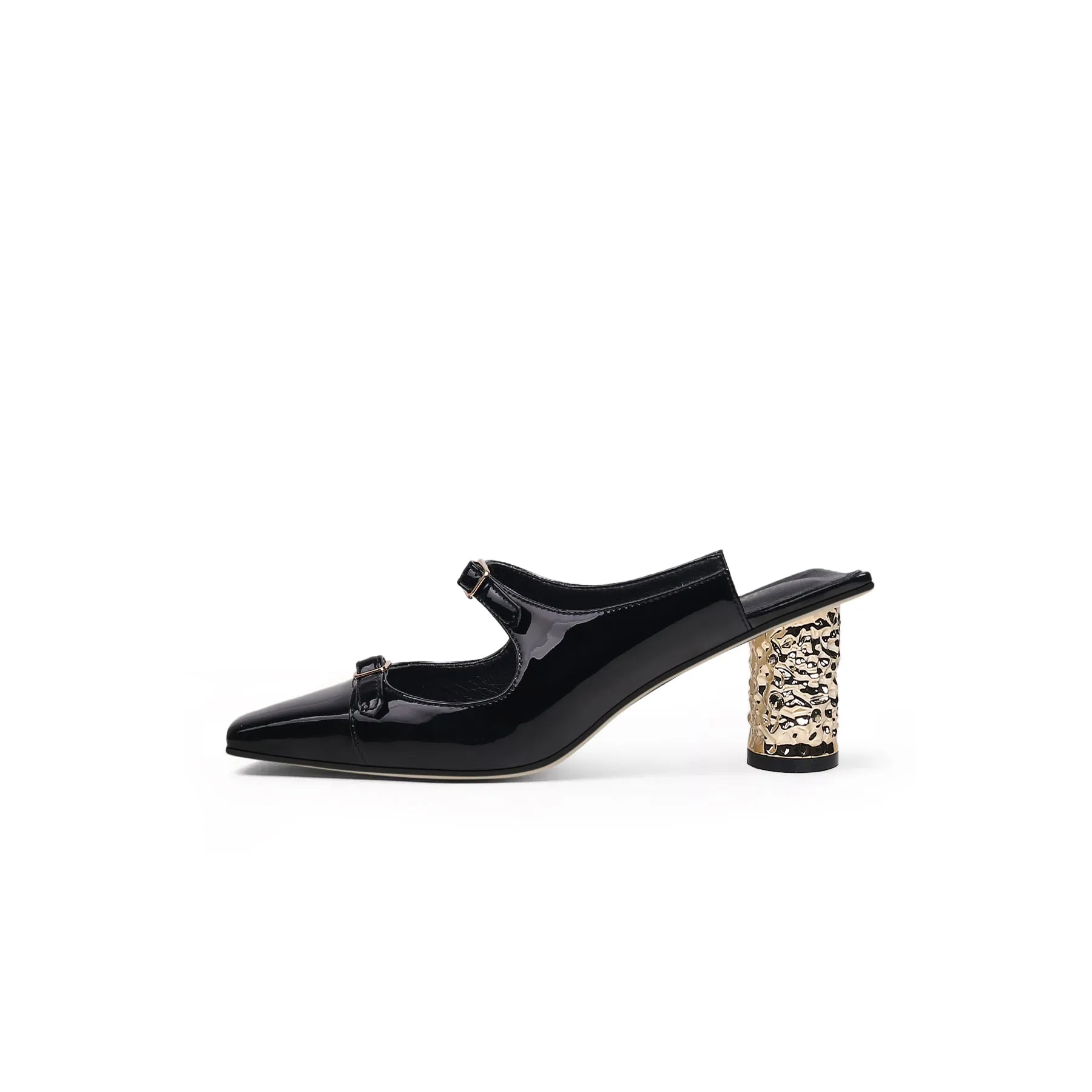 Bar-Accent Golden Mid Heel Leather Mules Loafer  - Beige