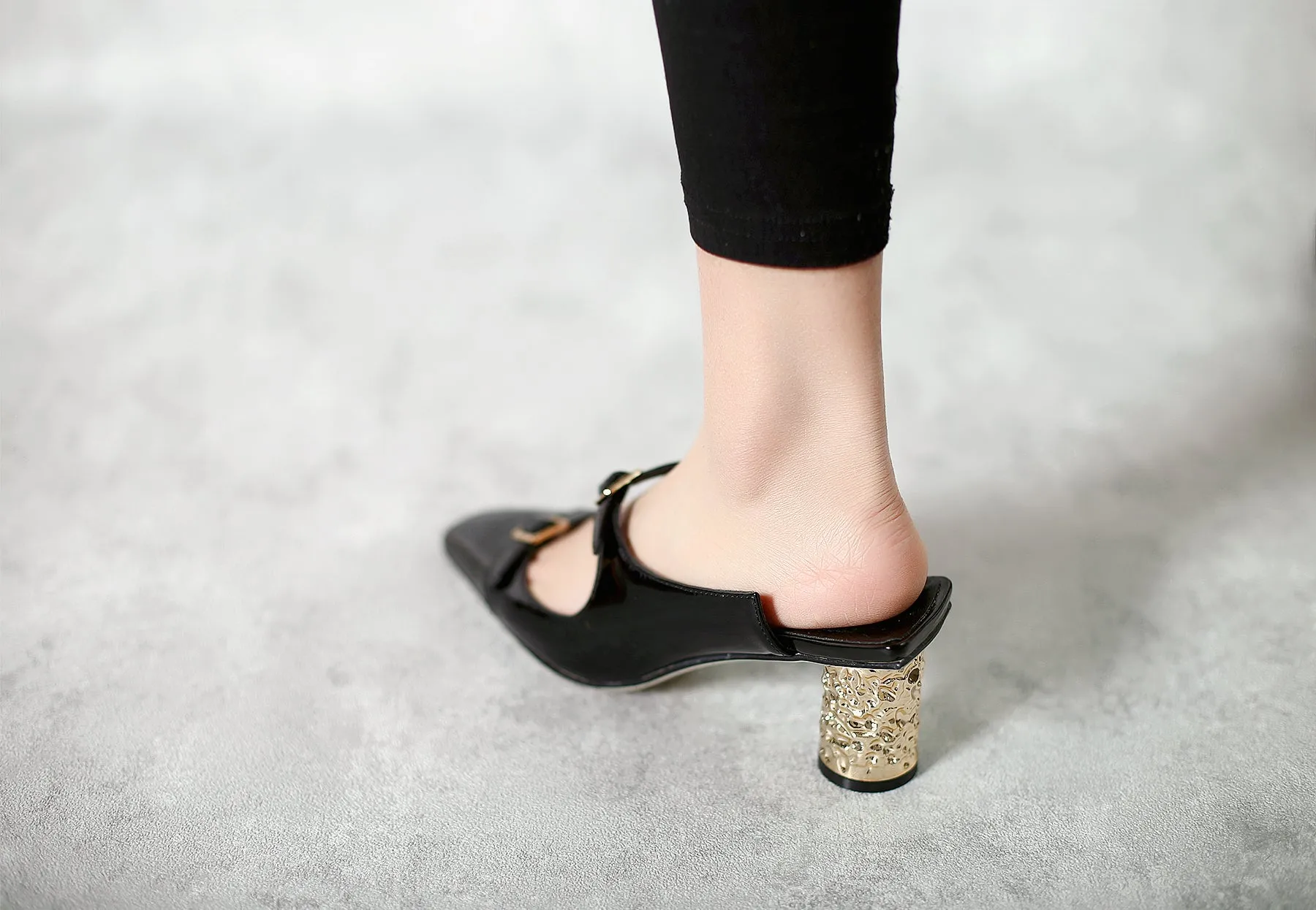 Bar-Accent Golden Mid Heel Leather Mules Loafer  - Beige