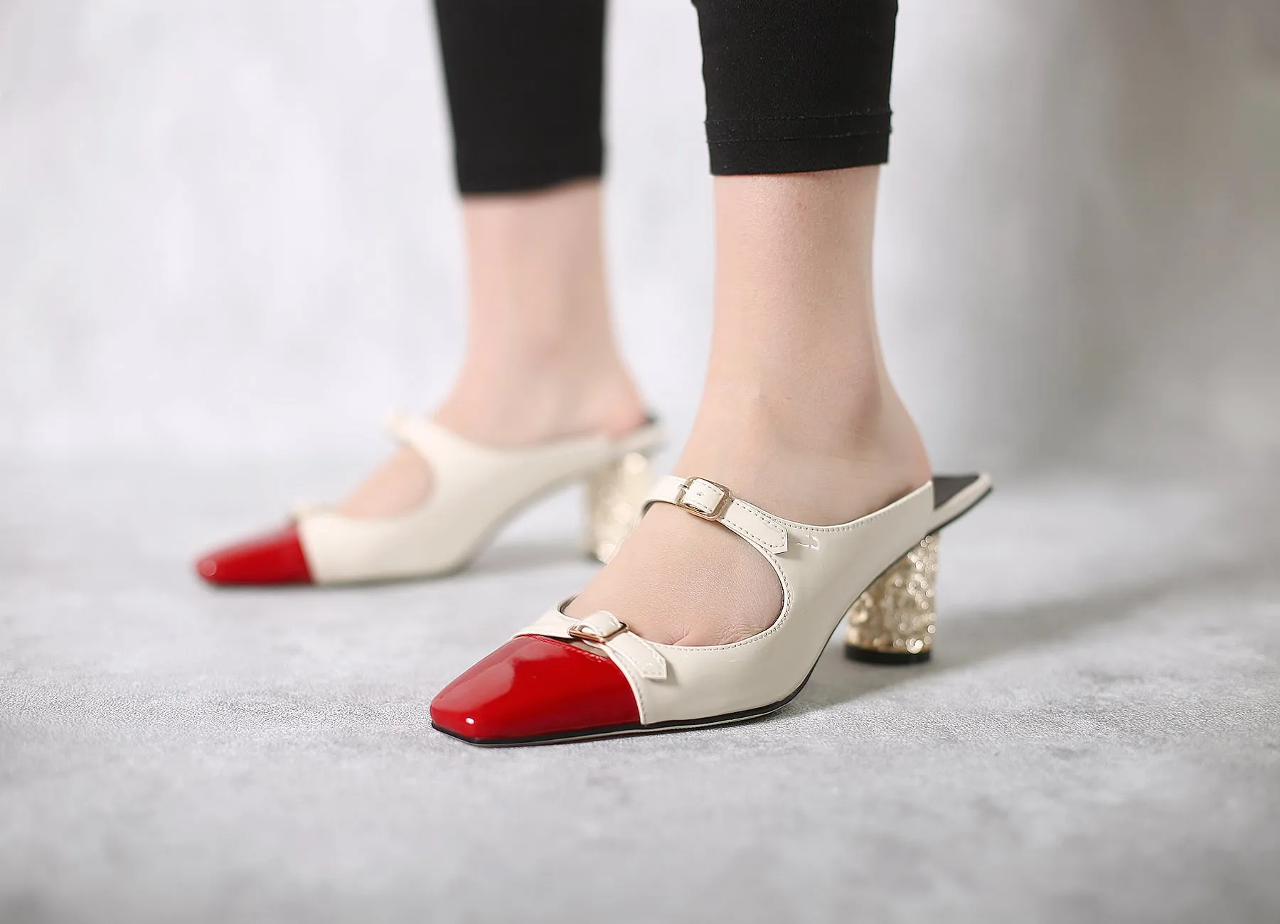 Bar-Accent Golden Mid Heel Leather Mules Loafer  - Beige