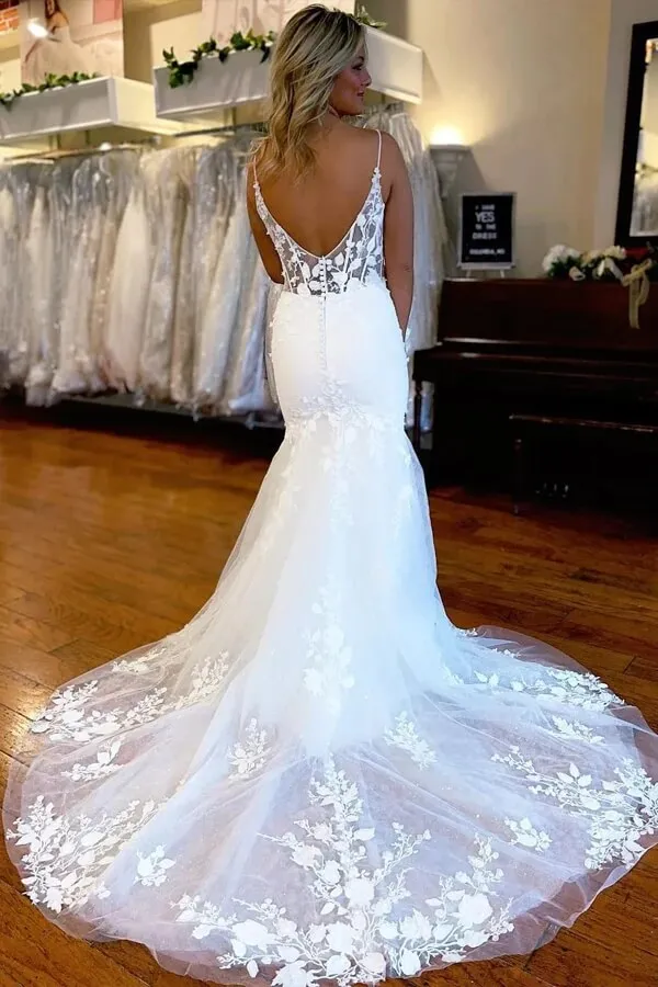Beautiful Mermaid Satin Lace Wedding Dresses Bridal Gown With Side Slit TN342