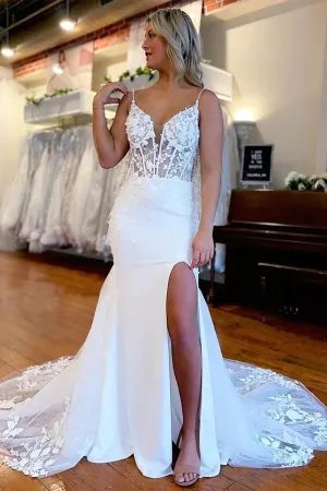 Beautiful Mermaid Satin Lace Wedding Dresses Bridal Gown With Side Slit TN342
