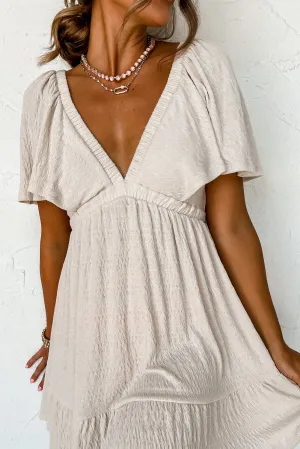 Beige Textured Deep V Neck Cutout Back Mini Dress
