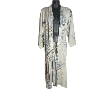 Bianca Lorene Linen Floral Print Cream Blue Kimono Robe OS