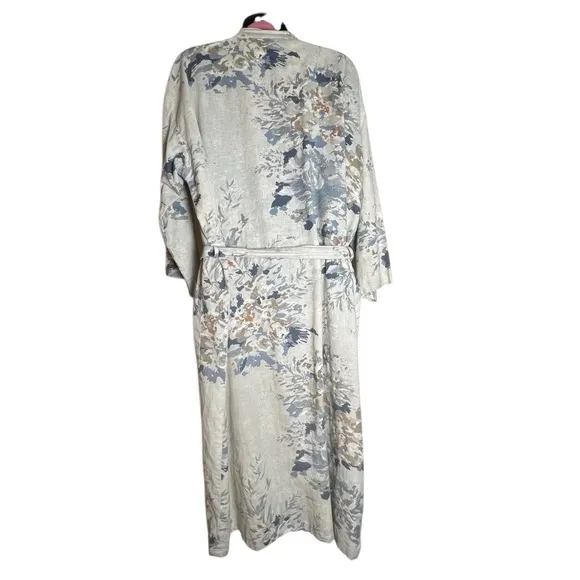 Bianca Lorene Linen Floral Print Cream Blue Kimono Robe OS
