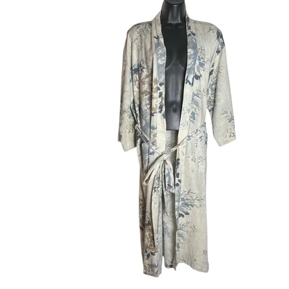 Bianca Lorene Linen Floral Print Cream Blue Kimono Robe OS