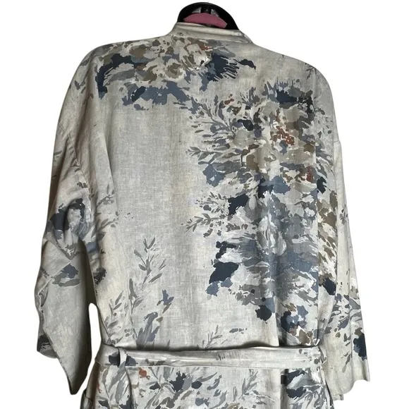 Bianca Lorene Linen Floral Print Cream Blue Kimono Robe OS