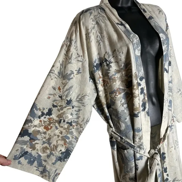Bianca Lorene Linen Floral Print Cream Blue Kimono Robe OS