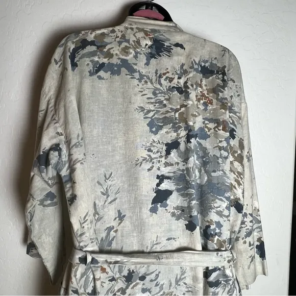 Bianca Lorene Linen Floral Print Cream Blue Kimono Robe OS
