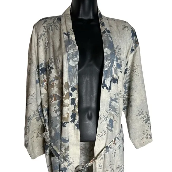 Bianca Lorene Linen Floral Print Cream Blue Kimono Robe OS