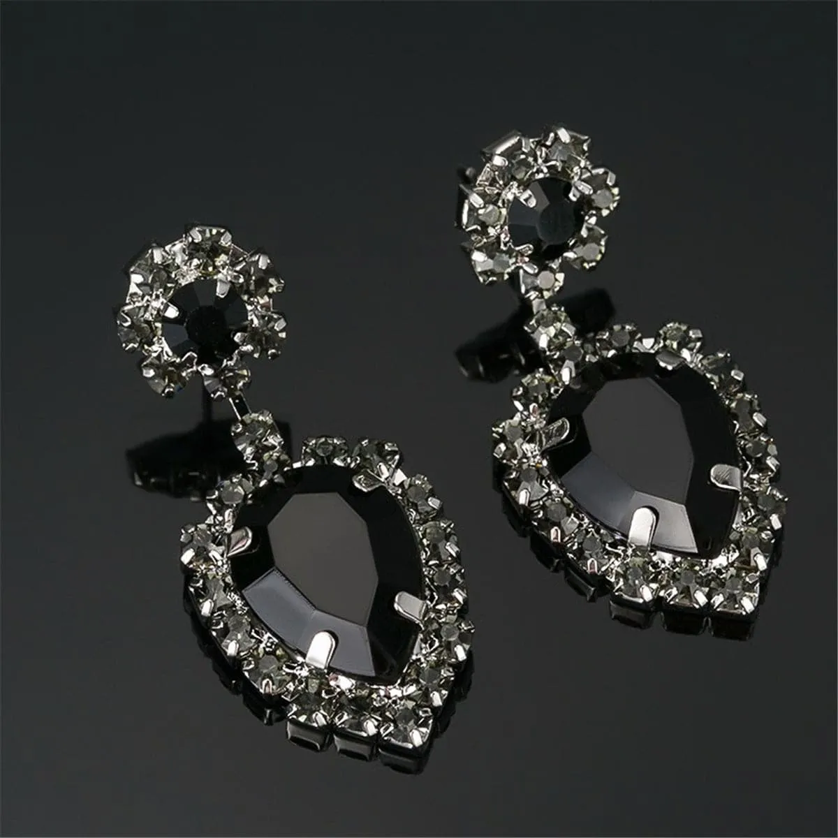 Black & Cubic Zirconia Round Pear Drop Earrings