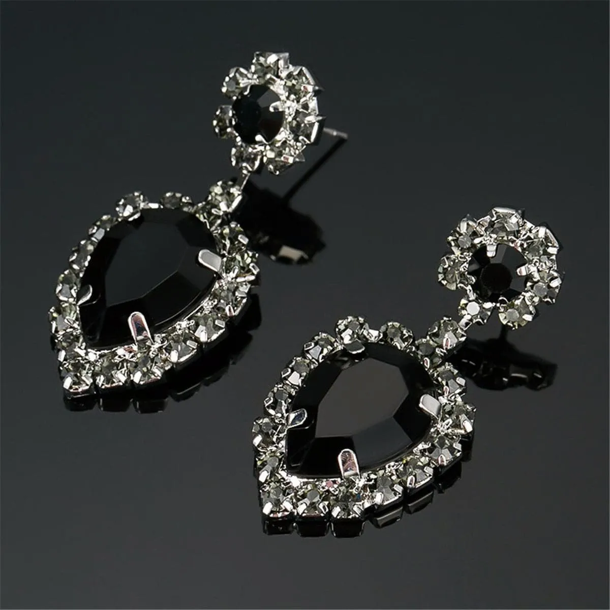 Black & Cubic Zirconia Round Pear Drop Earrings