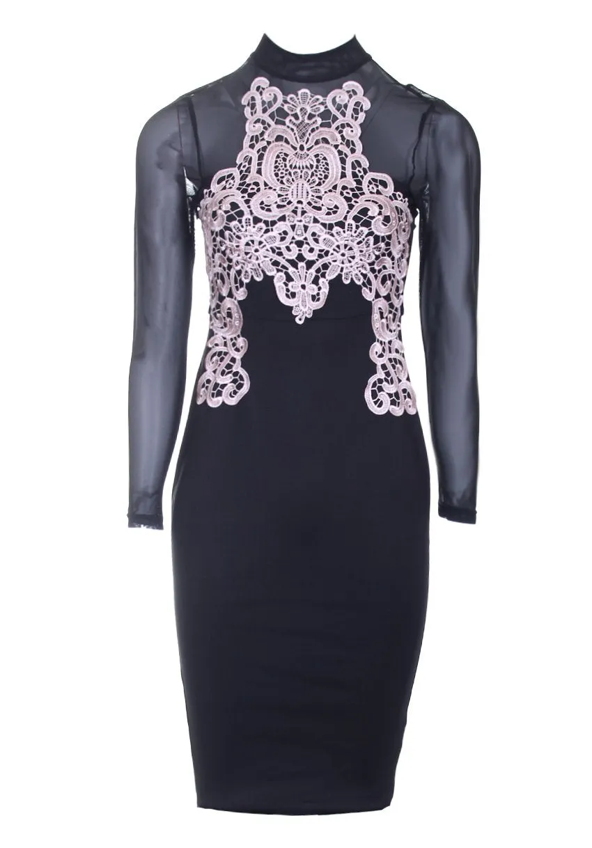 Black And Nude Crochet Detailing Long Sleeved Dress